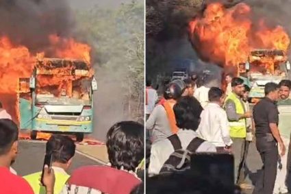 इंदौर-भोपाल हाईवे पर चलती बस में लगी भीषण आग, यात्रियों ने खिड़की से कूदकर बचाई जान